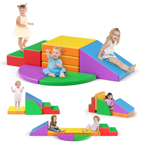 Brolteja Set softplay per bambini da 1 a 3 anni, torre da arrampicata con scivolo, grandi mattoncini per bambini (colorato-5)
