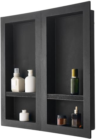 VEVOR Shower Niche, 40.6 x 81.3 cm + 40.6 x 81.3 cm Recessed Wall Niche with Movable Shelf, 10.2 cm Thick Modern Soap & Shampoo Storage Organizer,Square Corners,Sealed Waterproof, Black for Bathroom