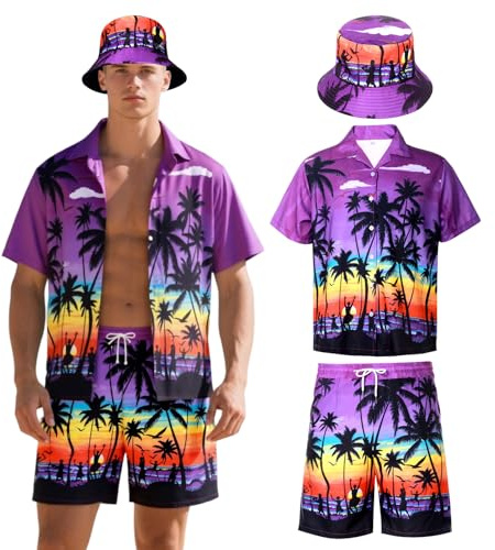 Antsparty Hawaii Hemd Männer, Hawaii Outfit Herren mit Hemd Shorts Fischerhut, Herren Casual Kurzarmhemd Strandhemd Set für Sommer Urlaub Party