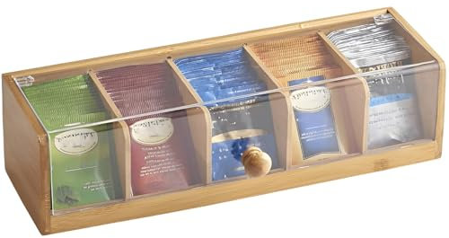 QINGLANG Tea Bag Storage Bamboo Divided Flip Top Tea Box Organiser with 5 Compartments Teas Caddy Coffee Bag Holder for Home, Office, Café Coffee Teabag Storage for Sugar Packets and Creamers