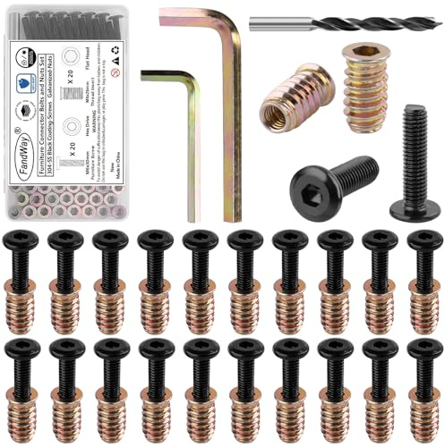 FandWay 25 Sets M6x30mm Furniture Screw Nut,M6x25mm Threaded Inserts for Wood,Connector Bolts and Nuts Set,Flat Head Allen Screw-in Nuts,Hex Socket Drive with Wrenches and Drill Bit.