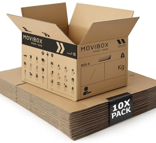 Lavatelli MOVIBOX – 10 Scatole per Trasloco 50x35x35 cm misura universale – Doppia Onda robusta – Con Simboli Contenuto e Stanza destinazione, Maniglie Pre-Tagliate – Scatole di Cartone, Made in Italy