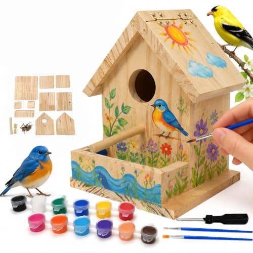 Bird House Craft Kit, 12 Colors Paintbrushes Painting Kits & Screwdriver Included, Weather Resistant DIY Bird Houses for Outside with Feeding Tray, Thick Wooden Board,Can open the roof