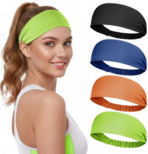 Awumbuk Headbands for Women's Hair Sports Cooling, 4 Pack Sweat-Wicking Workout Headband Non-Slip Elastic, for Yoga Running Gym Head Bands