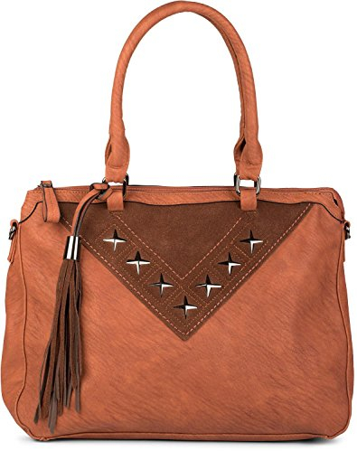 styleBREAKER Shopper Tasche mit Metall-Cutout in Stern Form und Quaste, Schultertasche, Umhängetasche, Handtasche, Damen 02012180, Farbe:Rehbraun