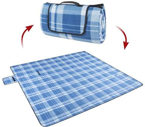 Walser Resefilt XXL med vattentät baksida, campingfilt värmeisolerad, semesterfilt med bärhandtag, vikbar strandfilt blå/vit 200 x 200 cm