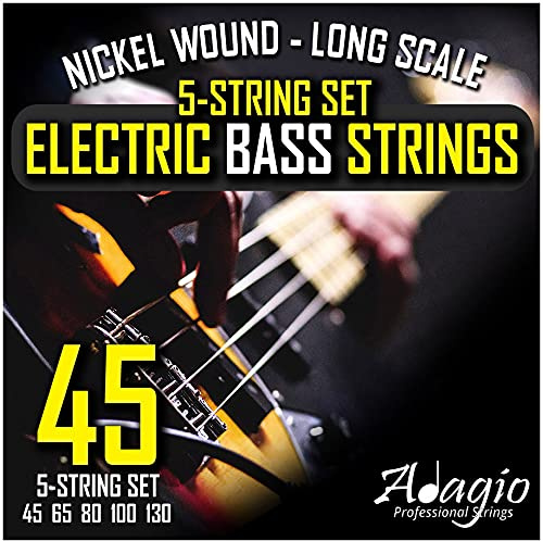5 String Electric Bass Strings Light/Medium Gauge | Steel Core Set With Ball Ends | Best For Playing Power/Swing Bass Guitars (Five String Bass Guitar Strings Long Scale) - ADAGIO PRO