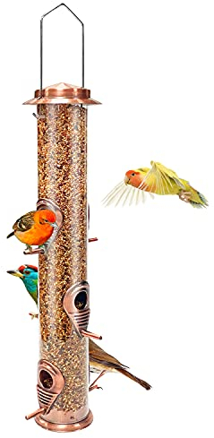 Urban Deco Metal Bird Feeder Tube Hanging Feeders Wild Bird Seed Feeder Metal 6 Port Bird Feeders with Steel Hanger Weatherproof and Water Resistant Great for Attracting Birds (Antique Copper)