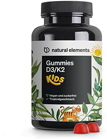 natural elements Vitamin D3 K2 Gummies KIDS – 120 fruchtige Gummies – vegan, zuckerfrei – Tropicalgeschmack – Markenrohstoff K2VITAL® – optimale Dosierung für Kinder – laborgeprüfte Qualität