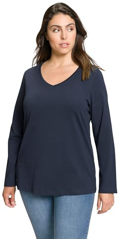 Ulla Popken T-Shirt Basique à Manches Longues pour Femme - Col en V - Slim - Bleu Marine - 46/48, Marine, 48/50