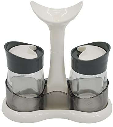 GEEZY Salt and Pepper Shakers Set, 2pc Salt and Pepper Pots with Glass Body and Holder for Kitchen, Dining Table, Restaurants, BBQ