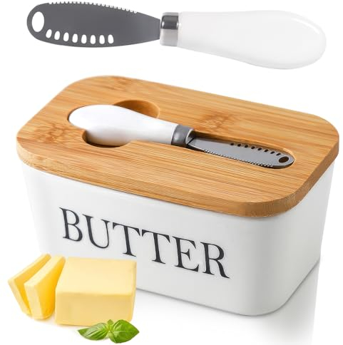 POWZOO Beurrier en Porcelaine, 250g Conteneur de Beurre,Boîte à Beurre avec Couvercle et Couteau à Beurre, Conteneur Bague d'Étanchéité Silicone, Nettoyage facile, Lavable au lave-vaisselle(Blanc)