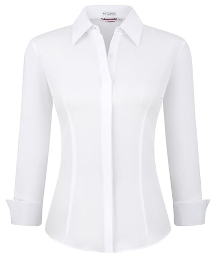 Alex Vando Damblus, långärmad damskjorta, stretch – business buttondown-skjortor, strykfri, arbetsskjorta, toppar, arbetströja, Dold placket-white, L
