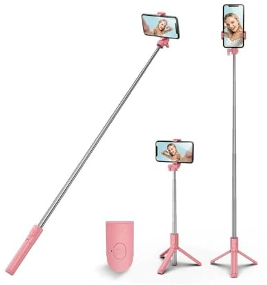 PINHEN Perche à Selfie - Support Stable avec télécommande Bluetooth Amovible - Compatible avec iPhone 15 Pro Max/15 Plus/14/13, Samsung, LG, Google - Rose