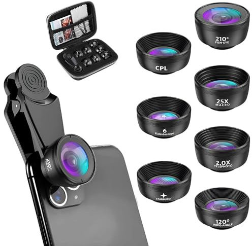 KBIBCK Handy Objektiv Kit, 7-in-1 Kamera-Adapter Clip-On Universal, Fischaugenobjektiv 210° Weitwinkel 120° Makroobjektiv (25x) Sternfilter Telephoto, Smartphone Objektiv, Star Objektiv