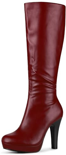 Allegra K Bottes hauteur genou à talon épais et bout rond pour femme avec plateforme, bordeaux, 39 EU