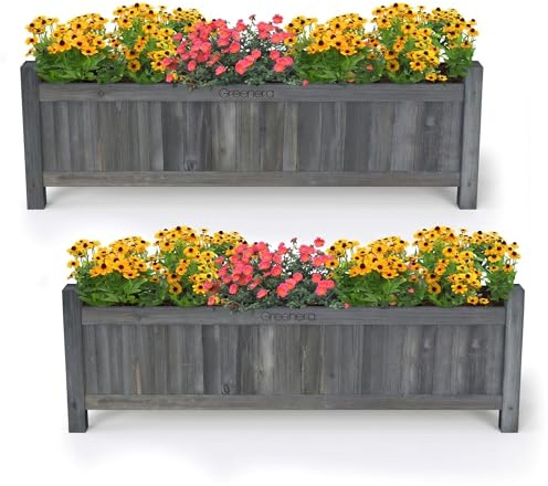 Vivo Technologies Set of 2 Extra Large Rectangular Wooden Planters Outdoor Garden Planter Box Planting Raise Bed Plants Flowers Plant Pot Natural Long Wood Pot,90x20x31 cm,Grey