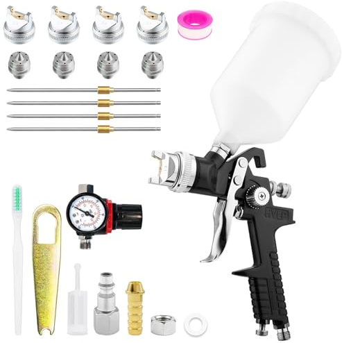 HVLP Lackierpistole Spritzpistole Kit mit 4 Düsen 1,4/1,7/2,0/2,5mm, Profi Farbspritzpistole Schwerkraft Sprühgeräte mit 600 ml Plastikbecher Druckmesser (Schwarz)