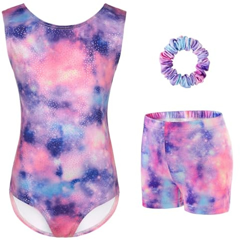 Gymnastics Leotards for Girls - Sparkling Gradient Design, Girls' Three-Piece Sleeveless Gymnastics Leotard Set with Shorts for Ballet & Dance