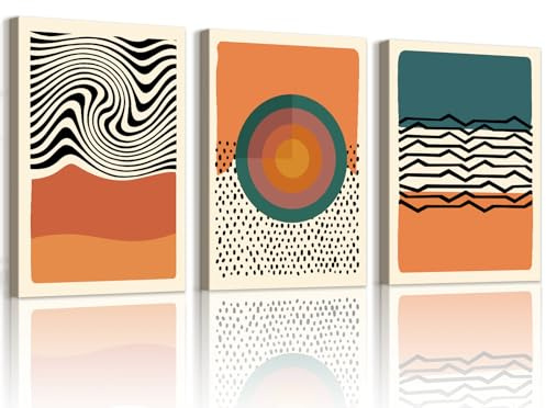 WENGTIAO 3 Stück Boho Abstrakte Leinwand Bilder Kunstdrucke Gerahmt, Minimalistische Orange Block Linien Gemälde auf Leinwand für Modern Wanddeko Wohnzimmer Schlafzimmer 40x60cmx3