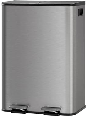 GarveeHome Cubo basura cocina sistema separación residuos 2 compartimentos pedal metálico tapa cierre suave reciclaje residuos orgánicos cubos interiores extraíbles (Gris mate, 2 x 30 L)