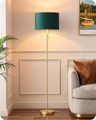 EDISHINE Modern Floor Lamp, Vintage Green Velvet Lampshade, E27 Socket | 57'' Tall Standing Lamp with Pull Chain Switch, for Living Room, Bedrooom, Brushed Gold Pole, 2700K LED Bulb Included