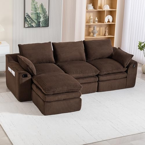 Yihomfy Canapé Modulable 263cm, Canapé 3 Places et 1 Poufs, Canapé d'angle de L avec Poches Latérales, Ports USB, Mousse à Trois Couches, Canapé Sectionnel en Velours Côtelé pour Salon