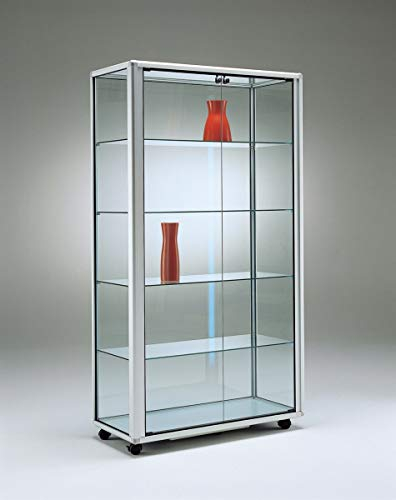 MHN Glasvitrine mit Rollen T 45,5 x B 99 x H 184,5 cm - breite Glas Standvitrine abschließbar - Ausstellungs-Vitrine - LED-Beleuchtung