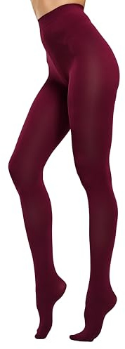 HeyUU Women's 80 Denier Soft Opaque Tights, High Waist Solid Color Footed Pantyhose 20+ Colors burgundy S-M
