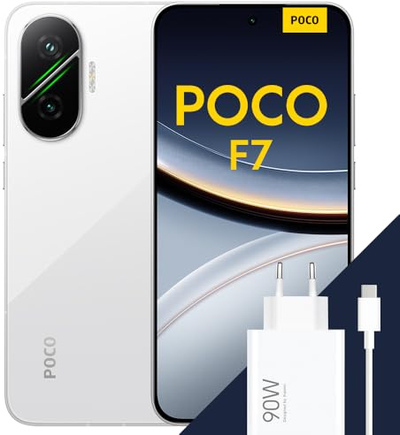 XIAOMI POCO F7 - Smartphone de 12+512GB, Cámara Sony de 50 MP con OIS, Pantalla AMOLED de 6,83'' 1.5K a 120Hz, Snapdragon 8s Gen 4, Hypercharge 90W, Cargador Incluido, Blanco (Versión ES)