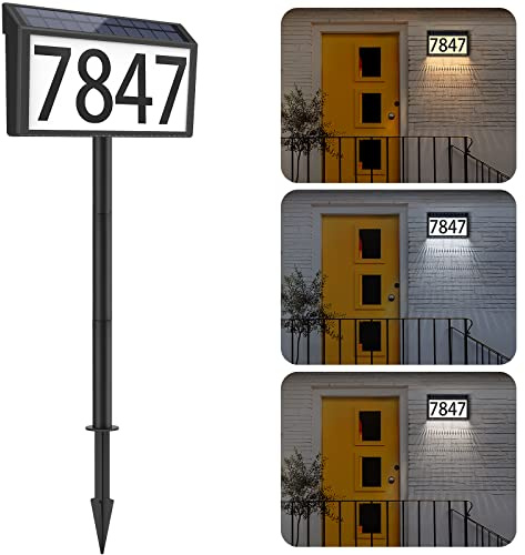 MAXvolador Solar Powered Address Sign House Numbers Waterproof, 3-Color Lighting Modes LED Illuminated Address Plaque with Stakes, Outdoor Address Number