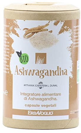 Erbavoglio Capsule di Ashwagandha Bio - 60 capsule - Integratore alimentare biologico - Adattogeno naturale, ideale per ridurre lo stress, migliorare l'energia e favorire il benessere mentale.