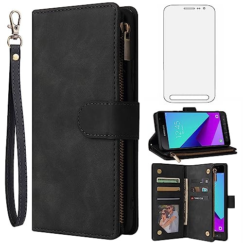 Asuwish Handyhülle für Samsung Galaxy Xcover 4/4S Hülle mit Folie Kartenfach Klappbar Leder Geldbörse Ständer für X SM-G390F Reißverschluss Handyhüllen Panzerfolie Handy Hüllen Phone Case Case Schwarz
