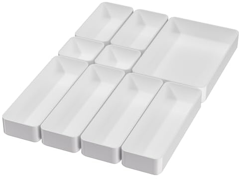 White Desk Drawer Organizer Trays: 9PC Shallow Vanity Bathroom Organizers