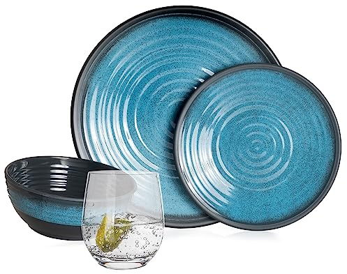 Vaisselle de camping en mélamine pour 4 personnes Bleu pierre + 4 verres à eau Tiamo