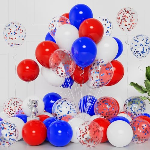 Red White Blue Balloons - 50pcs 12Inch Latex Balloons with Red Blue Confetti for Helium Birthday Graduation Jubilee National Wedding Party Carnival Celebration Decorations