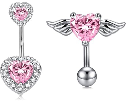 FECTAS 2pcs Ombelico Barra Ombelico Barre in Acciaio Chirurgico 14G Ombelico Barre Piercing Gioielli Ombelico Cuore Rosa Diamante