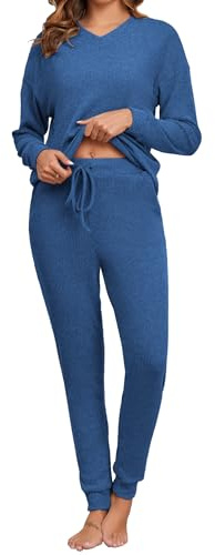 Famulily Ensemble de vêtements de détente pour femme avec col en V et manches longues et pantalon de jogging - Tenue de loisirs 2 pièces avec 4 poches, bleu, XL