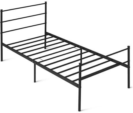 Amazon Basics Estructura de Cama con Cabecero, Antideslizante con Listones de Acero, Metal no Plegable, 90 x 200cm, Individual, Negro