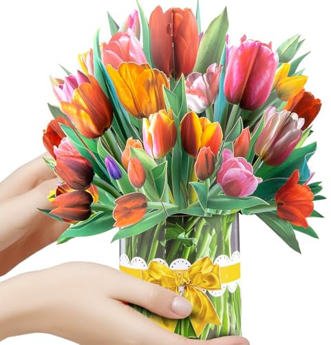 CNLITIHEKA Biglietti pop-up con bouquet di fiori di tulipani, biglietti di auguri popup con bouquet di fiori, biglietto per la festa dell'insegnante, biglietto per la festa della mamma, con biglietto