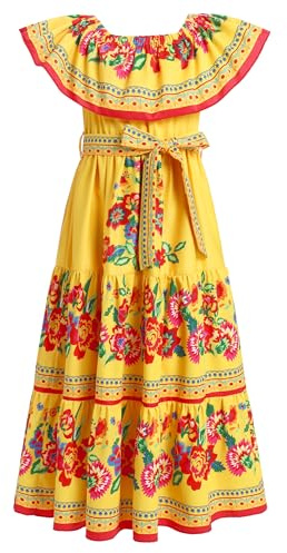 IMEKIS Vestido mexicano para niñas con hombros descubiertos, estampado de flores, volante, maxi, estilo boho, vestidos de verano para niños, Cinco de Mayo, fiesta de Señorita, disfraz de Halloween