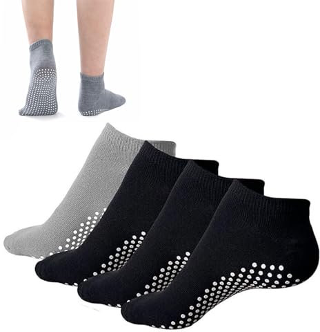 QEEROYO 4 par halkfria strumpor för kvinnor och män, halkfria yogastrumpor, för pilates, balett, dans, fitness, svart och grå, 3 par svart 1 par grå, Taglia unica