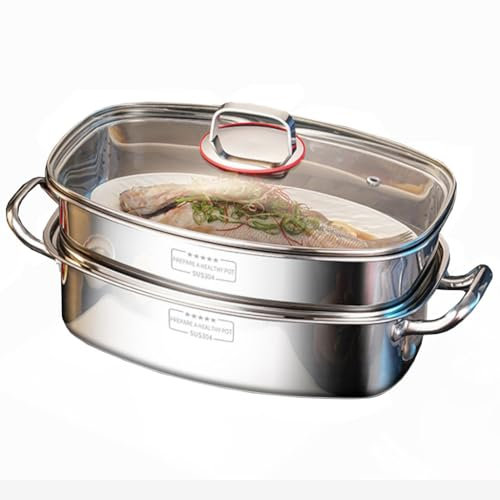 Vaporera de acero inoxidable de 2 niveles for pescado, olla grande ovalada for cocinar pescado, verduras, albóndigas, caldo, salsa y alimentos