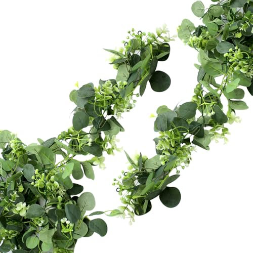 AIMEKE 2 Stück Girlande Eukalyptus Deko 1,8m Künstlich Eukalyptus Pflanzen Künstliche Blumen für Hochzeit Garten Indoor Outdoor Blumengirlande Deko Wetterfest Weiß Kunstblumen Grüne Blätter