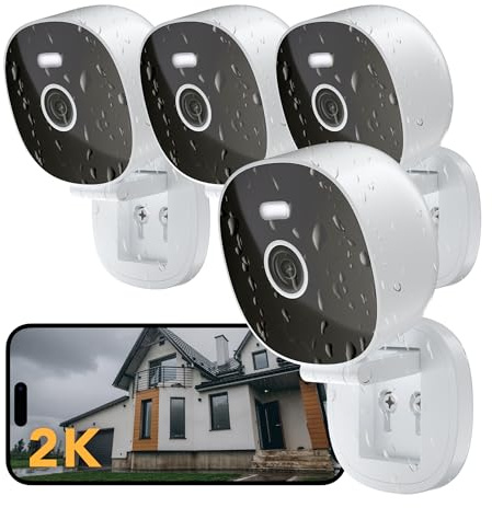 FAMVIVA 2K Wired Security Camera, Indoor/otdoor for Home, Pet, Baby, Nanny, IP65 Waterproof Color Night Vision, White Light & Siren, Recording, Motion Detection, Works with Alexa,Plug in, White-4P