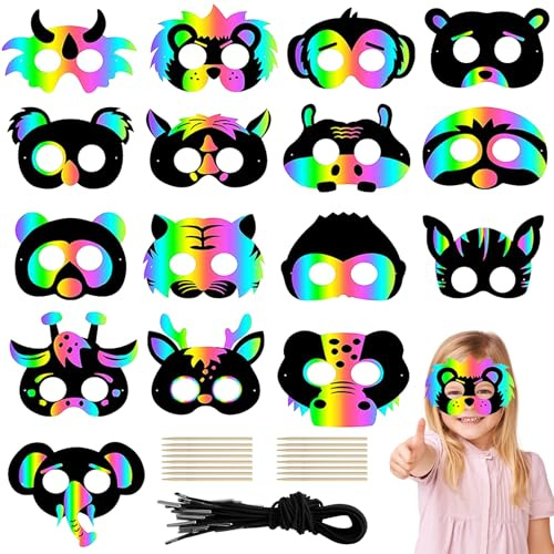 Images à gratter pour enfants,16 masques de fête à peindre, kits de bricolage créatifs avec cordons élastiques et crayons en bois, images à gratter arc-en-ciel pour les jeux d'anniversaire des enfants