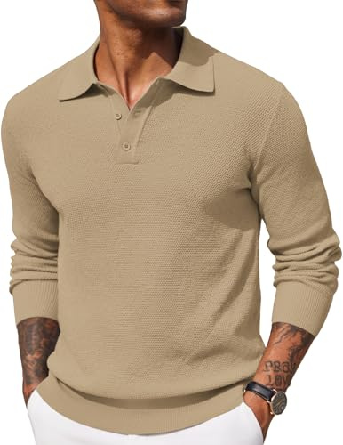 COOFANDY SuéTer Tipo Polo para Hombre De Manga Larga Punto Fino Sudadera Caqui 3XL