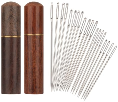 Trimming Shop Juego de agujas de coser – 20 agujas de coser a mano de ojo grande en 5 tamaños con 2 fundas de madera, agujas de acero inoxidable duraderas para hilo grueso, bordado y cuero