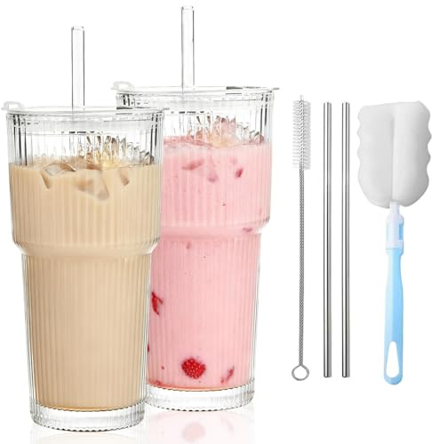 Eidoct 2PCS 600ML Ribbed Glass Tumblers with Lids and Glass Straws, Lead-Free Premium Glass Set Leakproof Glass Cups Iced Coffee Cup Ideal for Iced Coffee, Smoothies, Cocktails, and Juices