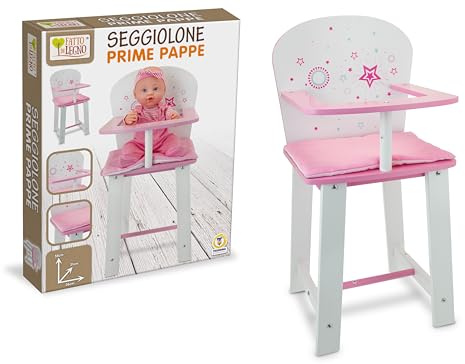 Teorema, FATTO DI LEGNO Seggiolone per Bambole e Bambolotti in Legno, Rosa e Bianco, con Cuscino e Vassoio, H 55 cm